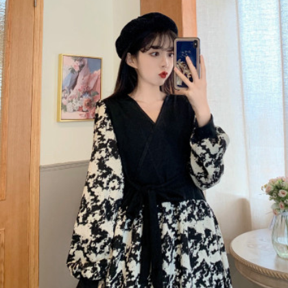 2021春夏复古街头拼接假两件泡泡袖碎花连衣裙女高腰甜美气质min图2