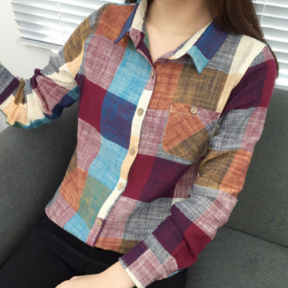 大厂直销新款彩色格子纯棉长袖衬衫女韩版宽松百搭大格子衬衣学生图3