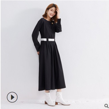 跨境热销连衣裙女2021春季新款韩版女装中长裙黑色轻熟系带女裙图2
