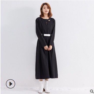 跨境热销连衣裙女2021春季新款韩版女装中长裙黑色轻熟系带女裙图3