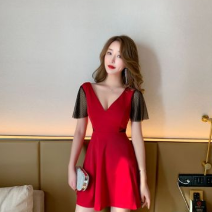 小个子连衣裙女夏季性感短袖深V领露腰修身显瘦名媛气质夜场女装图2