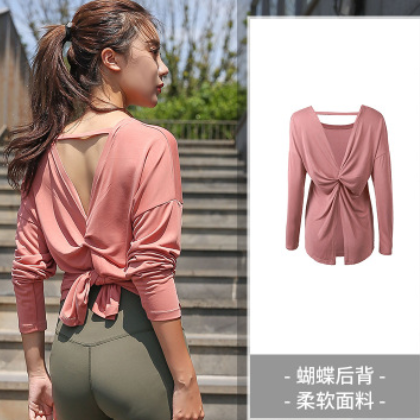 大码瑜伽服T恤女秋季健身房后背开叉胖mm运动速干衣跑步长袖宽松图3