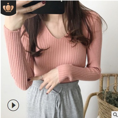 毛衣女秋冬V领修身套头心机上衣内搭紧身百搭长袖针织打底衫批发图2