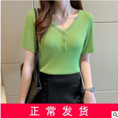 2020夏季新款韩版v领短袖t恤女修身冰丝针织衫内搭打底衫白色上衣图2
