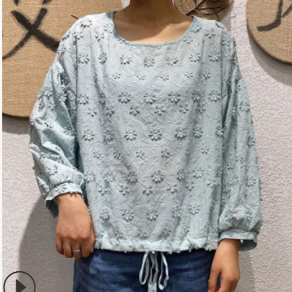 布衣格文艺风立体花刺绣圆领套头宽松上衣小衫早秋新品九分袖t女图2