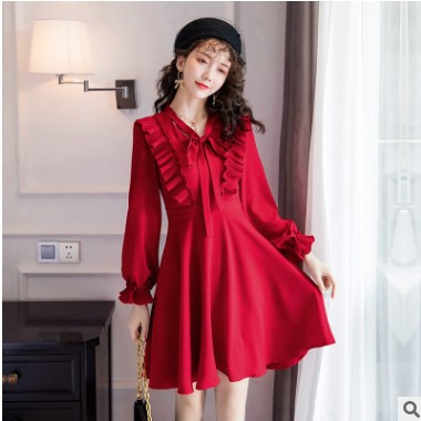 2021新款春季女装宴会晚礼服回门敬酒新娘服00后都爱长袖红连衣裙图3
