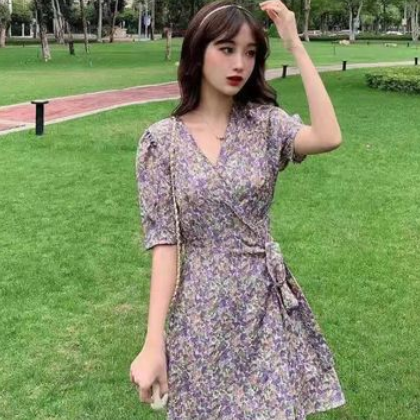 2021新款泡泡袖裙子碎花连衣裙女装复古法式显瘦A字裙子一件代发