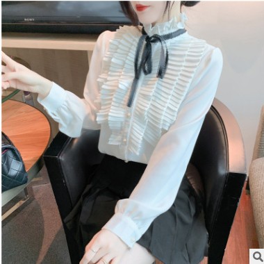 立领雪纺衬衫女2021年春季新款设计感小众荷叶边宫廷风打底衫上衣图2