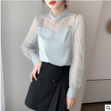 雪纺衬衫女春秋装2021年新款时尚潮流气质长袖蕾丝上衣服洋气小衫图1
