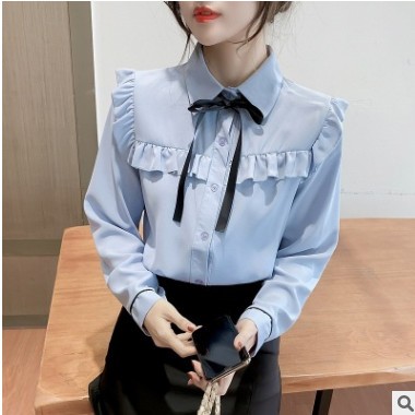 春季女装2021年新款雪纺衬衫设计感小众长袖蝴蝶结法式温柔风上衣图2