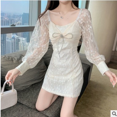 灯笼袖高端蕾丝连衣裙女2021早春装新款气质修身显瘦抽绳包臀裙子图3