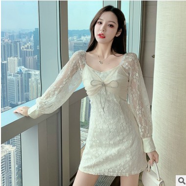 灯笼袖高端蕾丝连衣裙女2021早春装新款气质修身显瘦抽绳包臀裙子图2