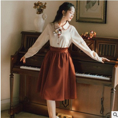 套装女2020新款洋气长袖衬衫+半身裙两件套韩版学生团体服制服图1