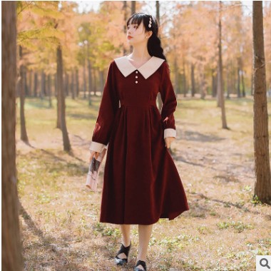 2020秋季新款文艺复古撞色拼接法式少女连衣裙长袖中长裙子5494#图3