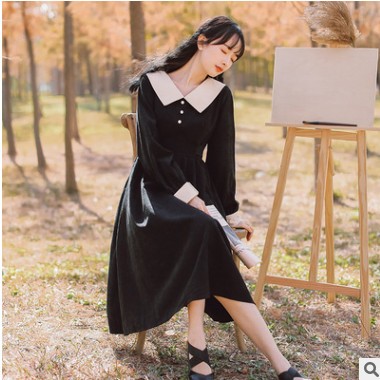 2020秋季新款文艺复古撞色拼接法式少女连衣裙长袖中长裙子5494#图2