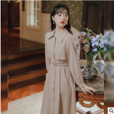 实拍女装2021春装新品气质长裙长袖翻领纯色文艺中长款连衣裙9644图2