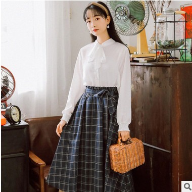 2019秋季新款文艺复古蝴蝶结格子半身裙高腰显瘦遮肉中长裙8226#图2