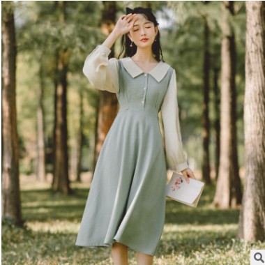 早春女装2021新款小清新格子文艺法式拼色娃娃领长袖连衣裙9010#图1