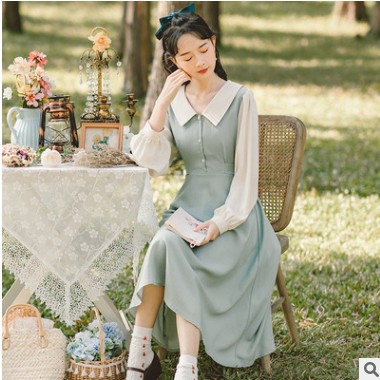 早春女装2021新款小清新格子文艺法式拼色娃娃领长袖连衣裙9010#图3