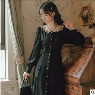 实拍女装2021早春新款法式复古长袖纯色连衣裙修身气质长裙9677#图1