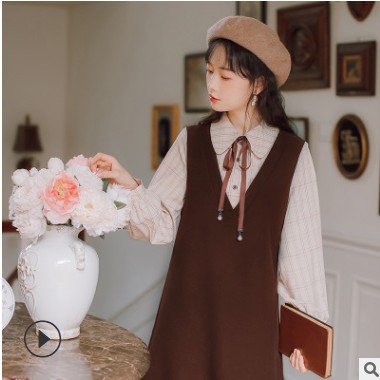 秋冬装2020年新款女复古小众减龄小香风长袖拼接假两件连衣裙9571图1
