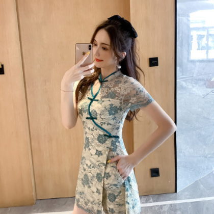 时尚套装2020夏新款女性感气质复古改良旗袍蕾丝连衣裙短裤两件套图2