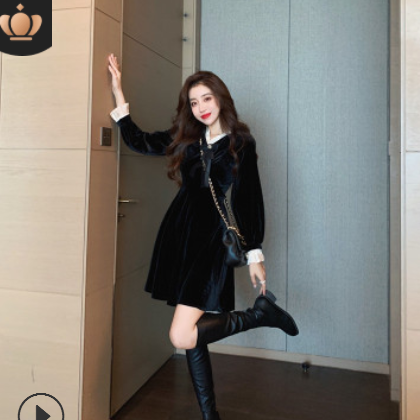 金丝绒连衣裙女2020秋季新款收腰显瘦气质小黑裙时尚长袖v领裙子图3