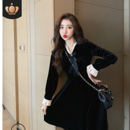 金丝绒连衣裙女2020秋季新款收腰显瘦气质小黑裙时尚长袖v领裙子图2