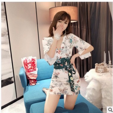 2019夏性感连衣裙夜店装收腰包臀印花和服足浴桑拿KTV工作服H4377图2
