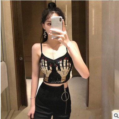 性感女装闪闪亮片吊带夏季新款性感低胸高腰露脐短背心上衣H3785图3