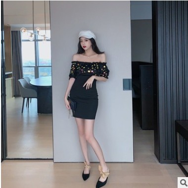 2020夏欧美女装新款 拼接亮片裙 修身性感一字领短袖连衣裙H5827图3