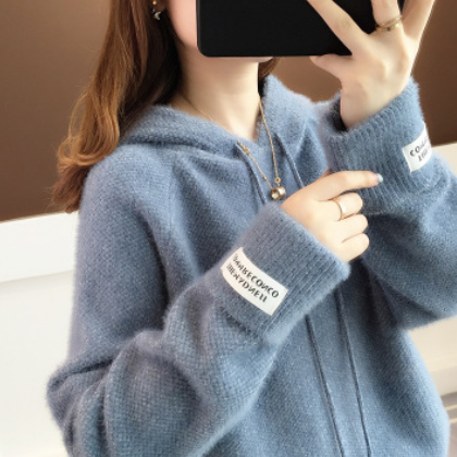秋装2019新款韩版宽松外穿套头毛衣女冬加厚慵懒风水貂绒连帽卫衣图2