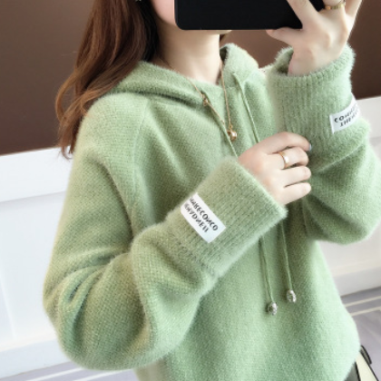 秋装2019新款韩版宽松外穿套头毛衣女冬加厚慵懒风水貂绒连帽卫衣图3