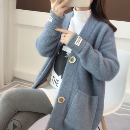 包芯纱针织开衫外套女2019春季韩版新款纯色宽松大码中长款毛衣女图3