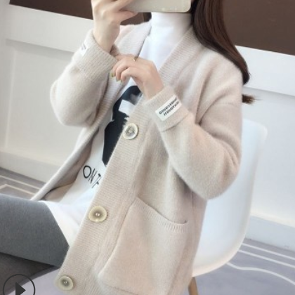 包芯纱针织开衫外套女2019春季韩版新款纯色宽松大码中长款毛衣女图2