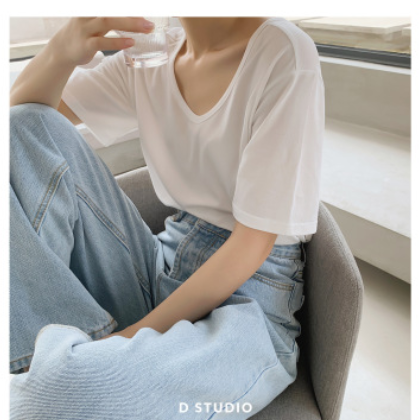杜小宅云朵天丝鹅蛋领锁骨t宽松显瘦V领短袖纯色半袖t恤上衣女夏图3
