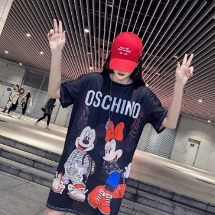 跨境韩版大码女装T恤夏季米老鼠印花速干中长款冰丝休闲短袖上衣图3