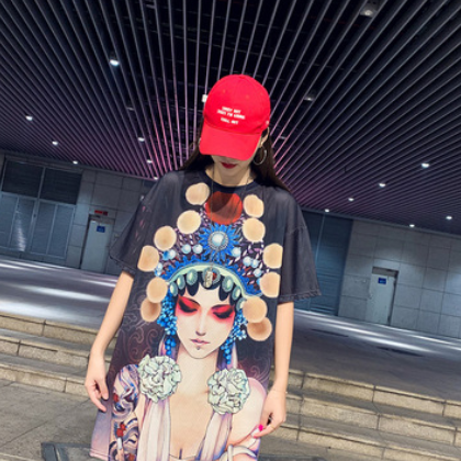 厂家直销欧美女装网眼印花短袖t恤中长款宽松速干休闲上衣女学生图3