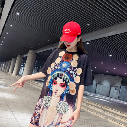厂家直销欧美女装网眼印花短袖t恤中长款宽松速干休闲上衣女学生图2