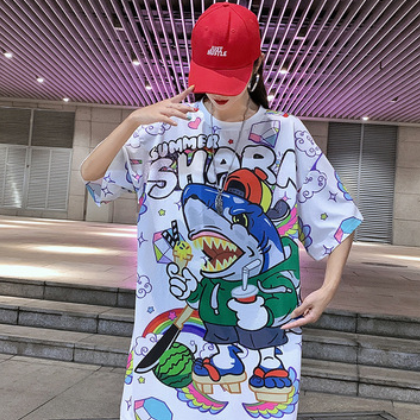 亚马逊女装短袖t恤夏季新款大码休闲韩版宽松卡通中长款bf上衣图2