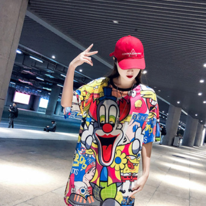 2021新款外贸女装印花速干网眼透气上衣大码宽松圆领短袖T血女潮图2