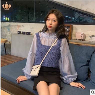 小香风套装女气质春秋新款色雪纺衬衫针织马甲背心减龄两件套潮图1