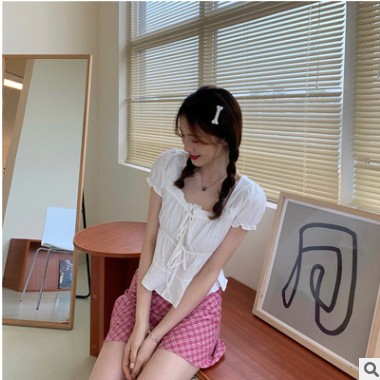韩版女装2020新款夏装小清新复古方领泡泡袖设计感绑带短款T恤女图2