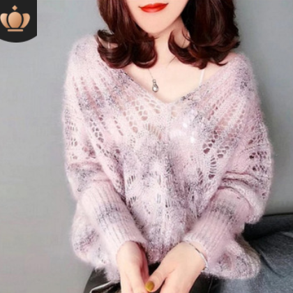 欧美风2020新款欧货女装马海毛亮丝毛衣女镂空针织上衣V领宽松潮图2
