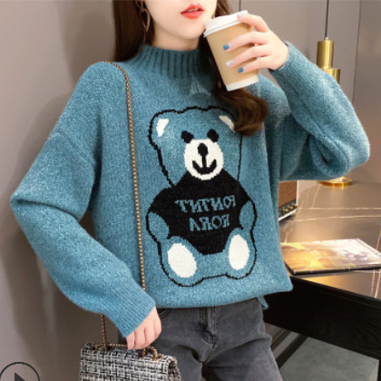 网红春季新款2021甜美可爱小熊雪尼尔毛衣女宽松时尚针织打底衫图2