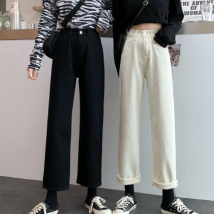 冬季牛仔裤女高腰显瘦百搭宽松2021春秋新款韩版黑色阔腿直筒裤子图2