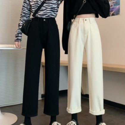 冬季牛仔裤女高腰显瘦百搭宽松2021春秋新款韩版黑色阔腿直筒裤子图3