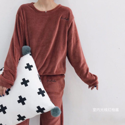 珊瑚绒睡衣秋冬季加绒加厚仙女暖暖裤套装上衣外穿宽松保暖休闲裤图3