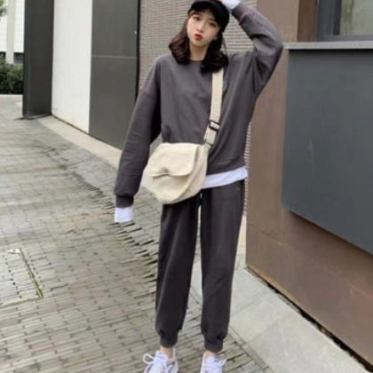 2020新款韩版假两件长袖卫衣阔腿长裤两件套女学生时尚运动套装秋图3