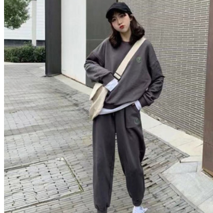 2020新款韩版假两件长袖卫衣阔腿长裤两件套女学生时尚运动套装秋图2